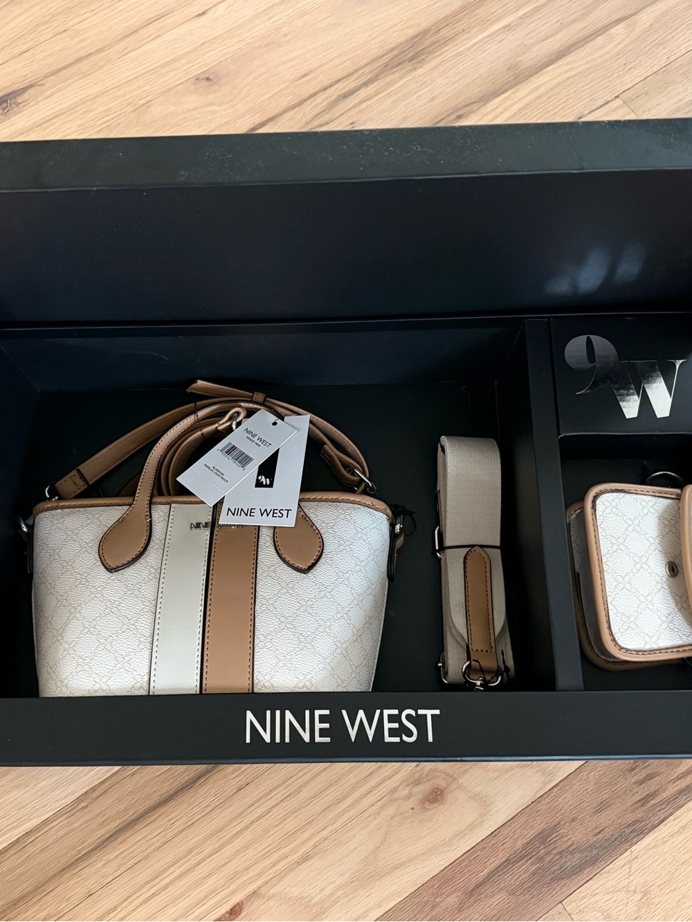 Nine West Cream and Tan Logo Crossbody Bag with Removable Strap